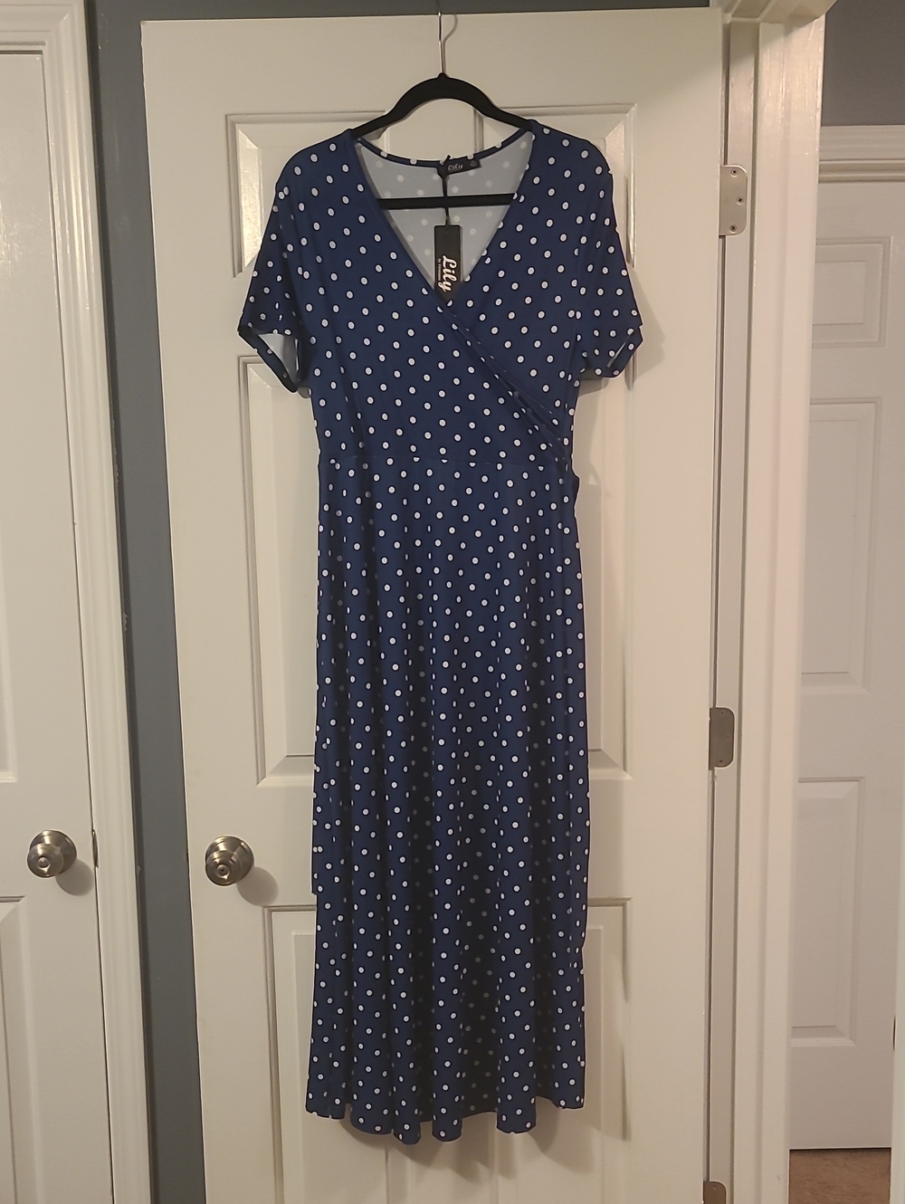 Polka Dot Faux Wrap Maxi Dress - Navy with White Dots